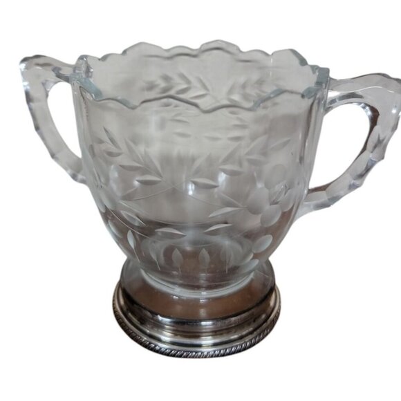 Indiana Glass Etched Glass Sugar Bowl Sterling Base Double Handled Ruffled Edge - Picture 1 of 12